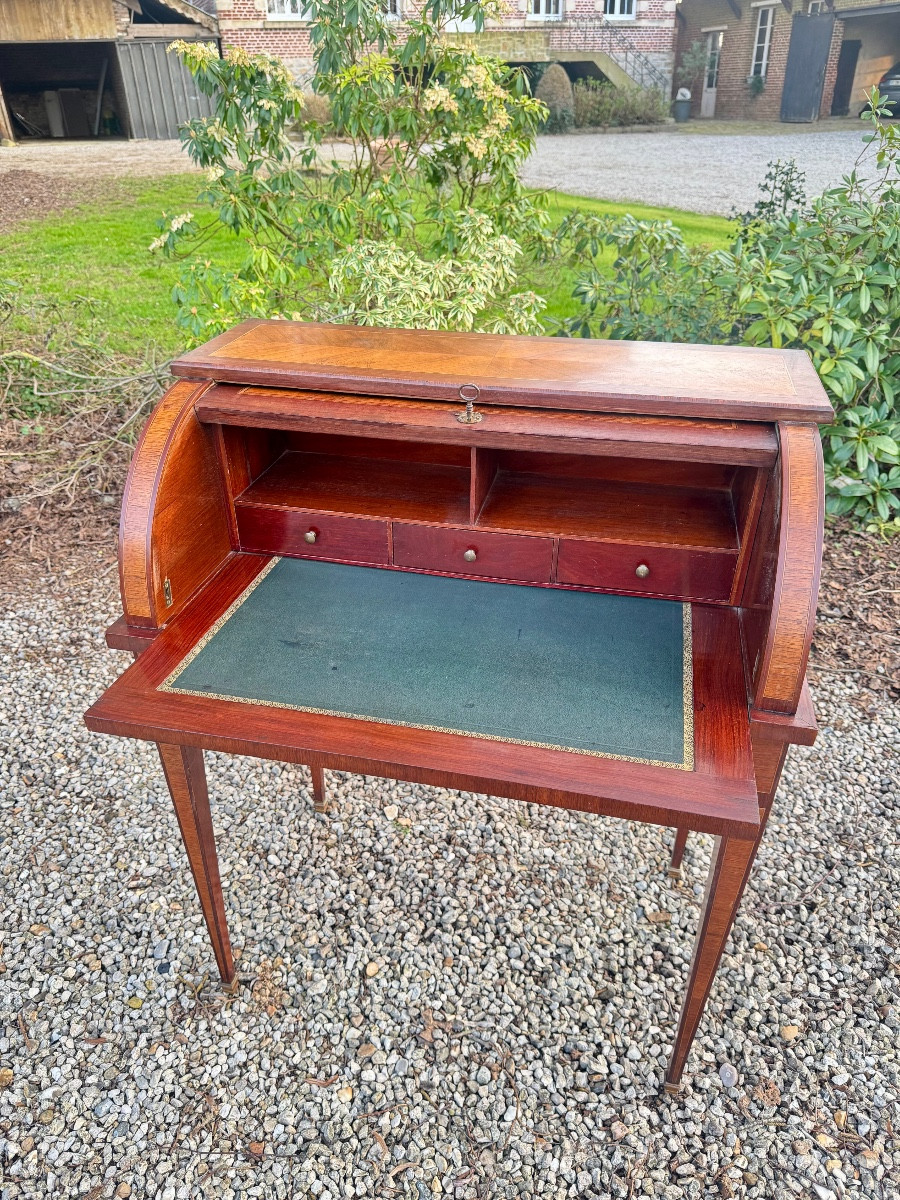 Bureau cylindre en marqueterie de fleurs de style Louis XVI -photo-3