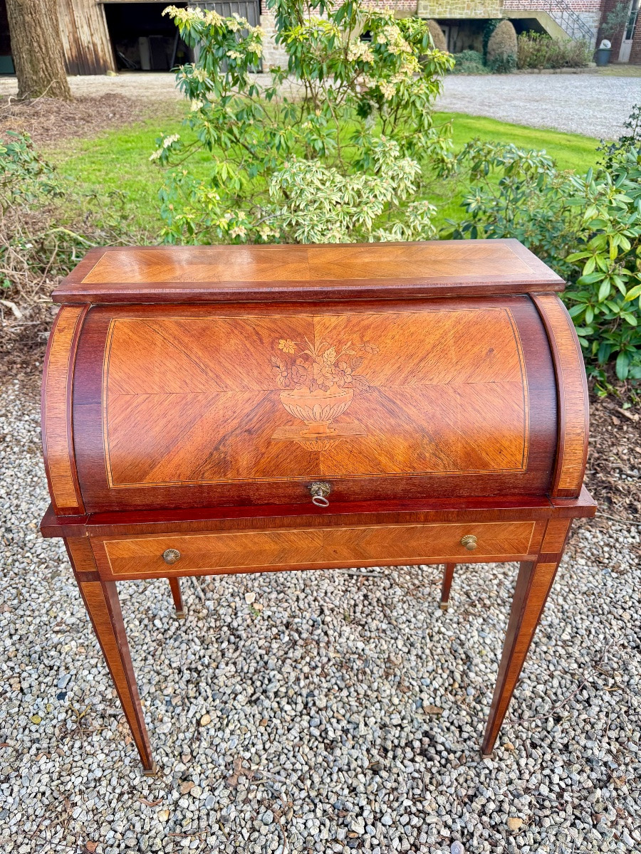 Bureau cylindre en marqueterie de fleurs de style Louis XVI -photo-2