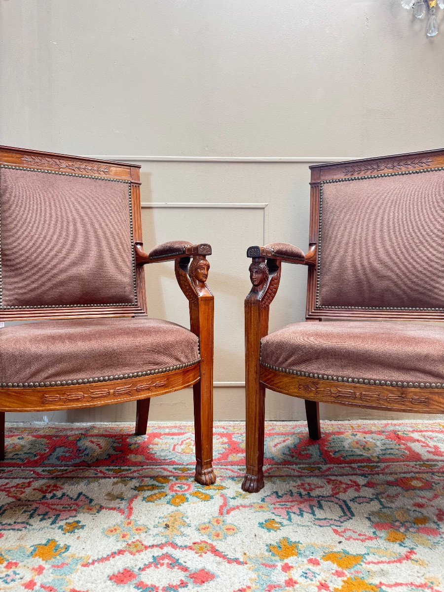 Paire de fauteuils d’officier en acajou de style empire retour d’Égypte -photo-2