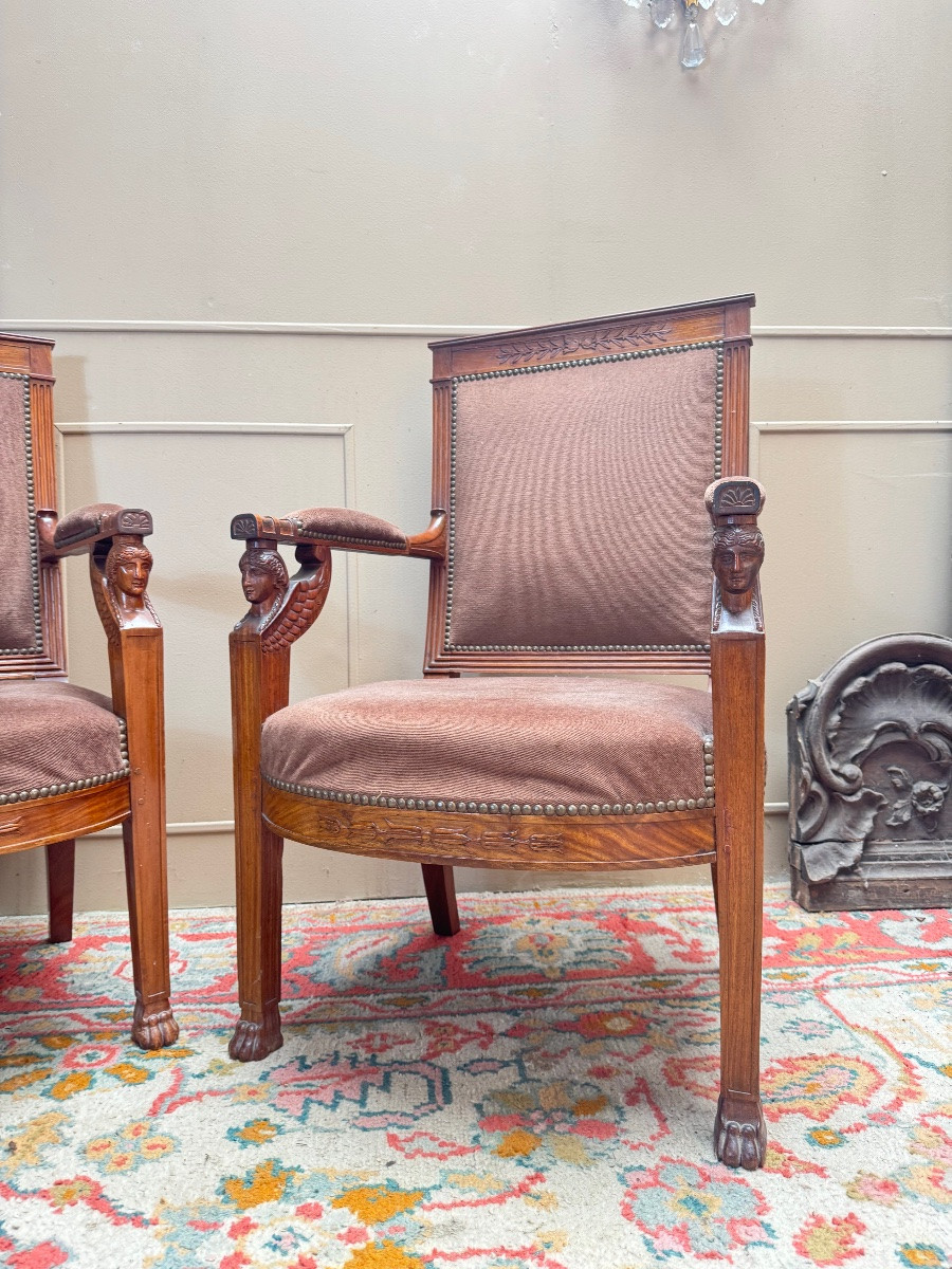 Paire de fauteuils d’officier en acajou de style empire retour d’Égypte -photo-3
