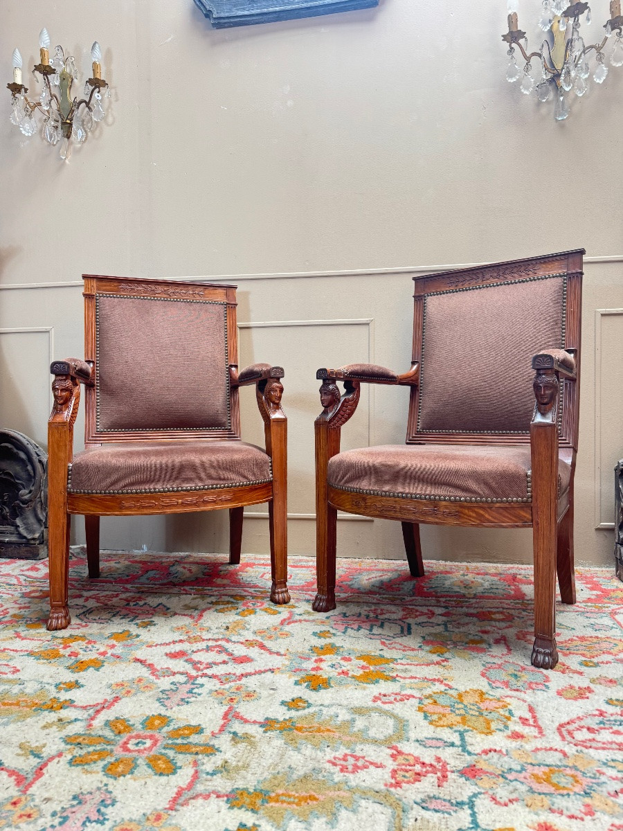 Paire de fauteuils d’officier en acajou de style empire retour d’Égypte -photo-1