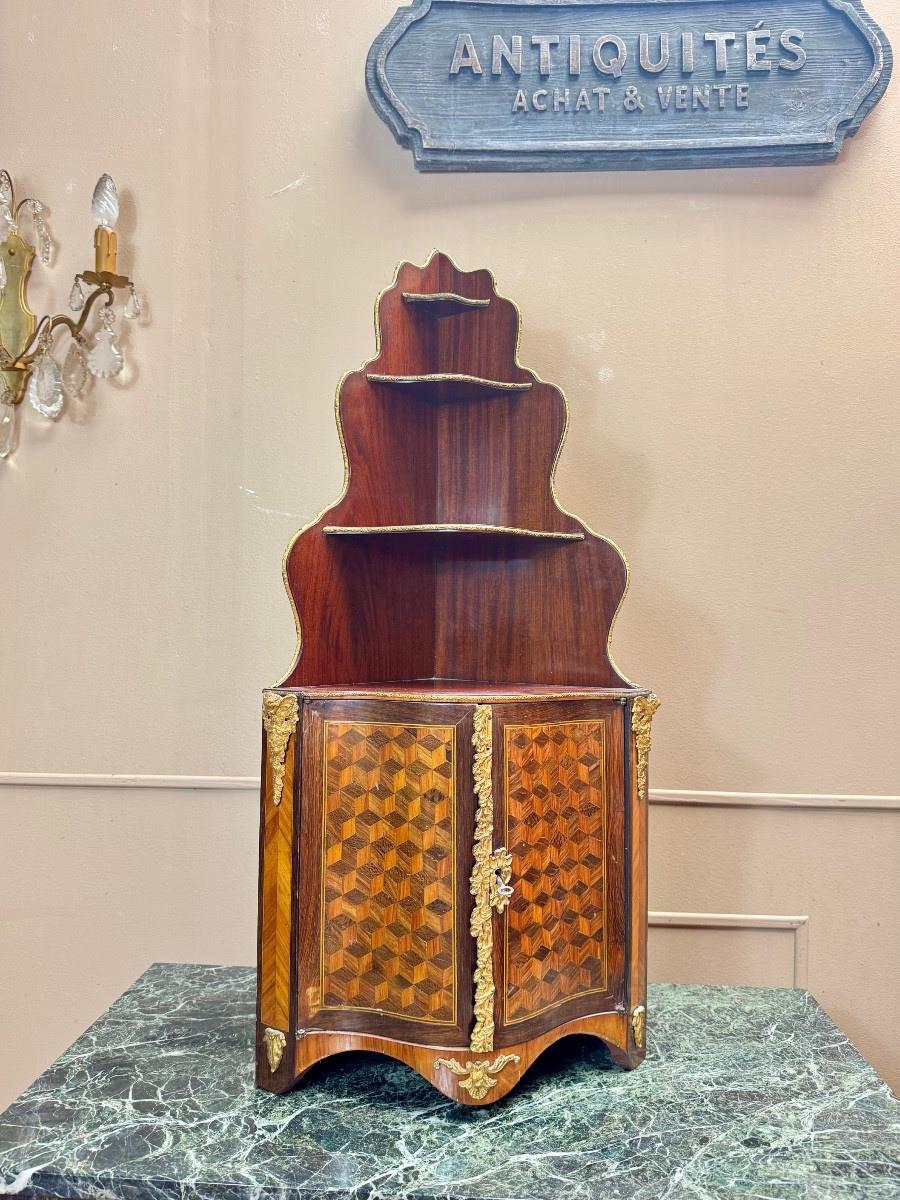 Napoleon III Period Marquetry Wall Corner Cabinet, 19th Century 