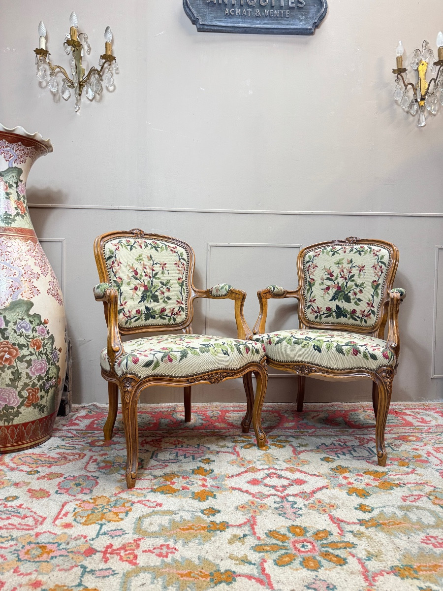 Pair Of Louis XV Style Cabriolet Armchairs In Natural Wood 