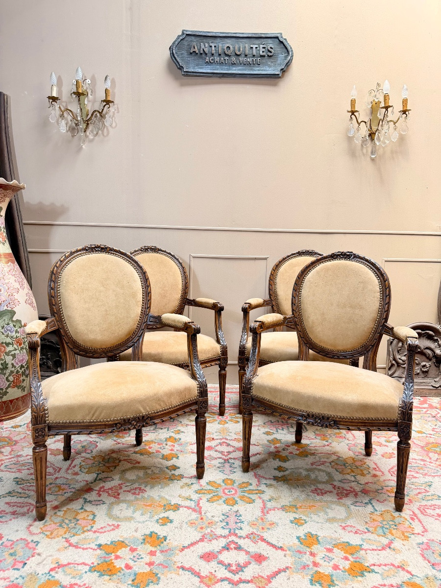 Suite Of Four Louis XVI Style Natural Wood Medallion-back Armchairs