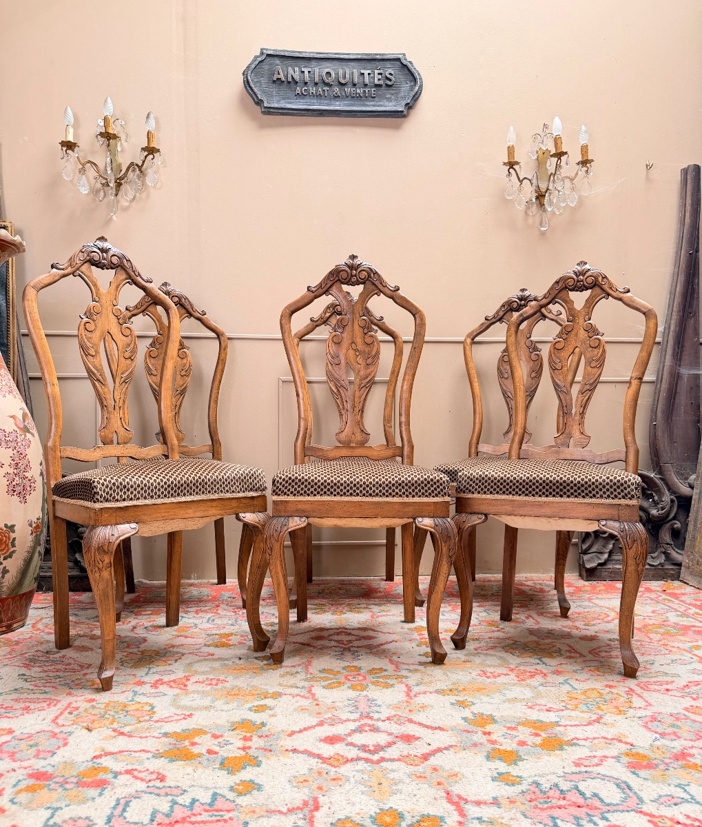 Suite de six chaises en bois naturel de style chippendale XIX eme siècle -photo-2