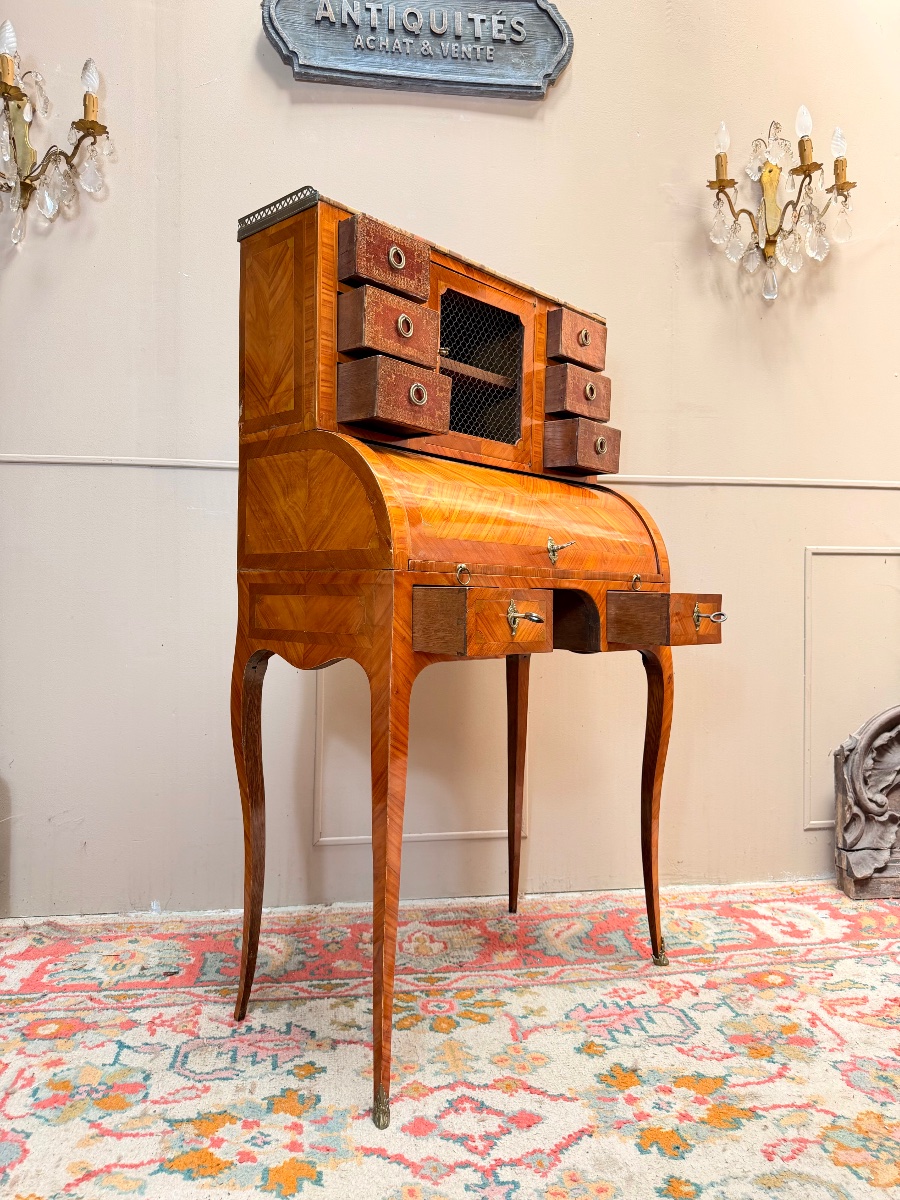 Louis XV Style Marquetry Cylinder Desk XIX Eme Siècle-photo-6
