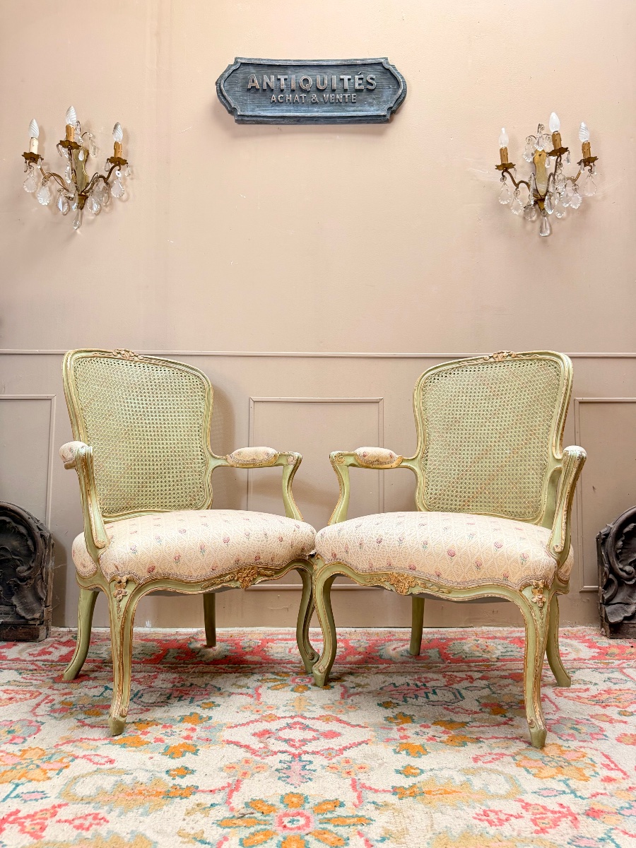 Paire de fauteuils en bois laqué de style Louis XV XIX eme siècle -photo-3