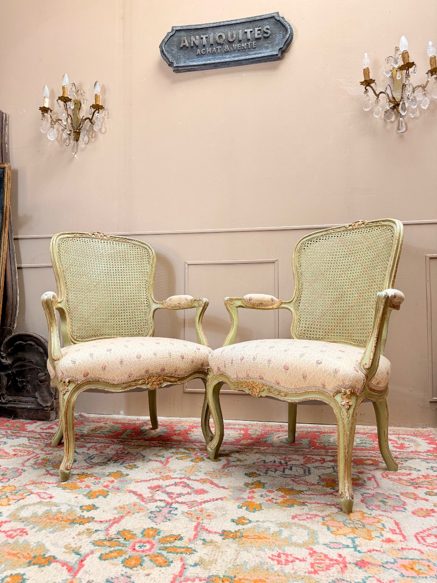 Paire de fauteuils en bois laqué de style Louis XV XIX eme siècle -photo-4