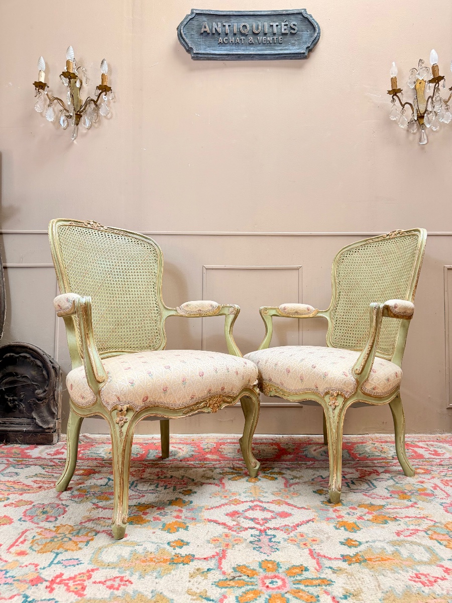 Paire de fauteuils en bois laqué de style Louis XV XIX eme siècle -photo-3