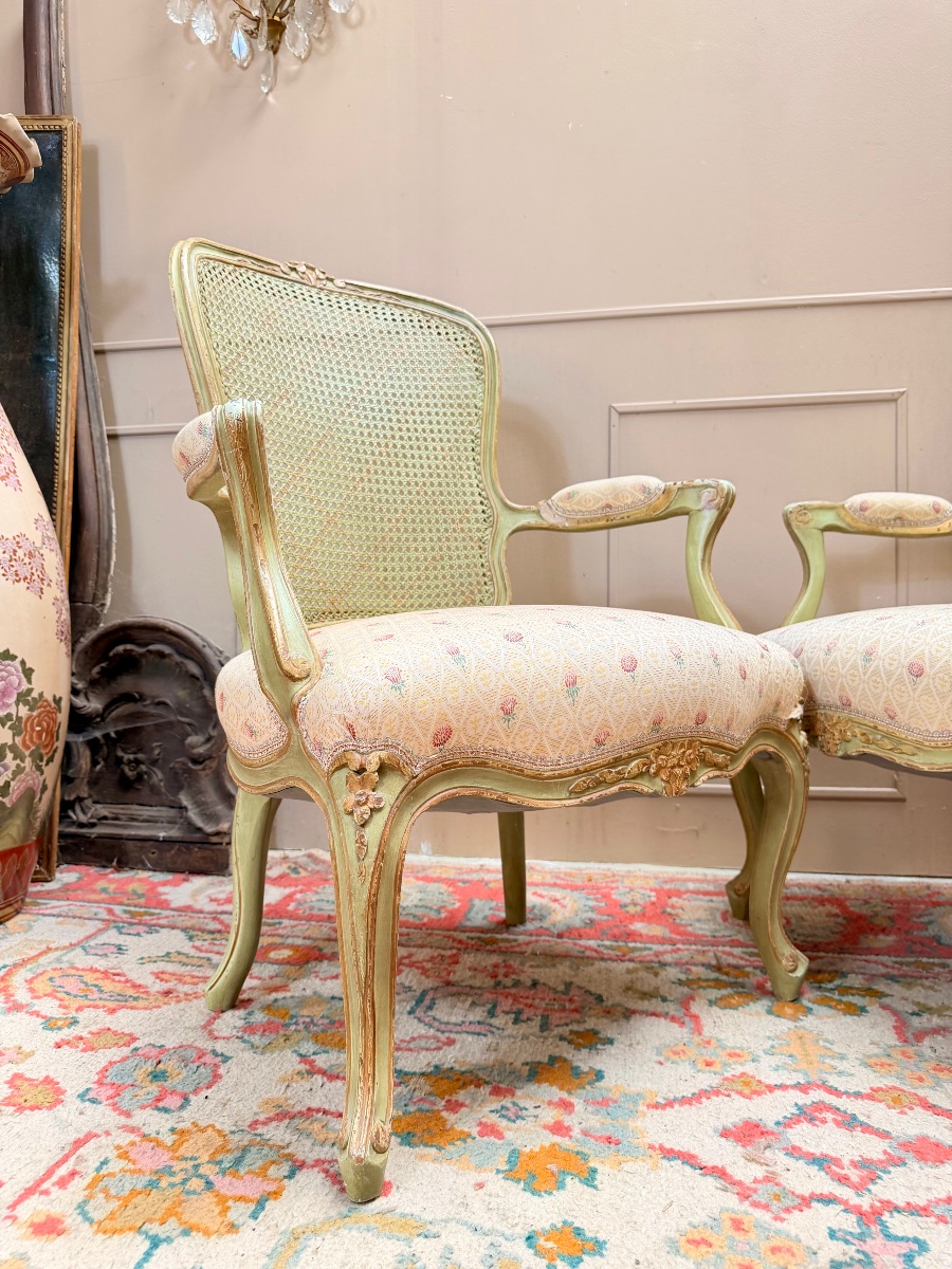 Paire de fauteuils en bois laqué de style Louis XV XIX eme siècle -photo-4
