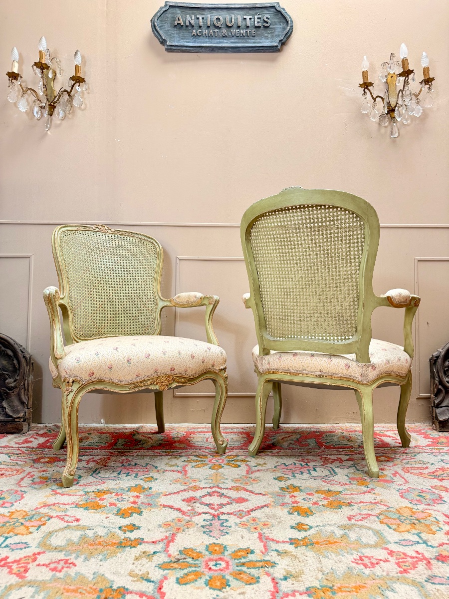 Paire de fauteuils en bois laqué de style Louis XV XIX eme siècle -photo-6