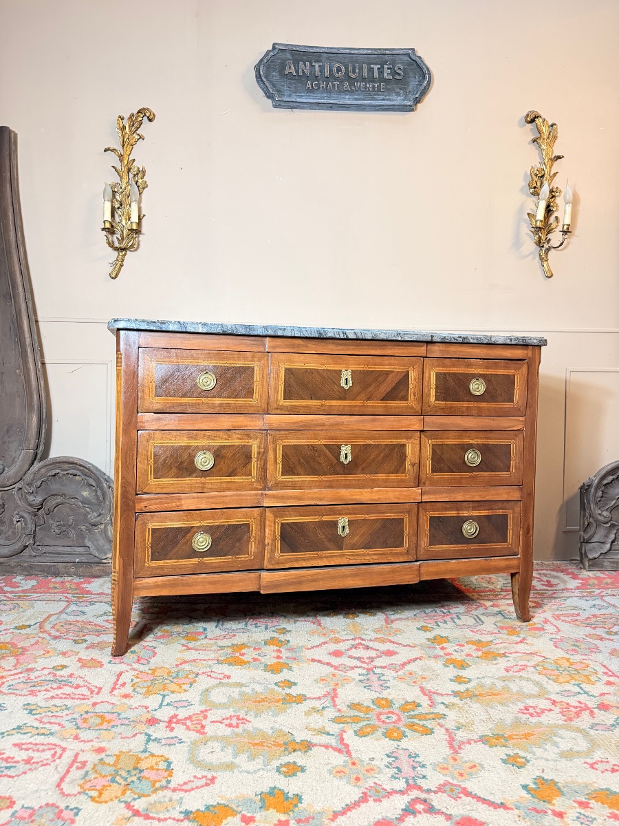 Commode d’époque transition en marqueterie à ressaut XVIII eme siècle -photo-2