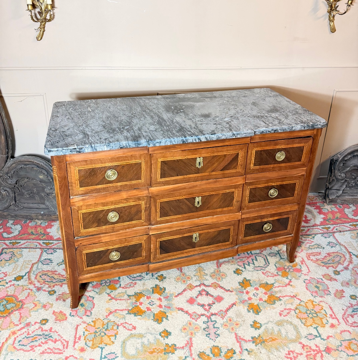 Commode d’époque transition en marqueterie à ressaut XVIII eme siècle -photo-3