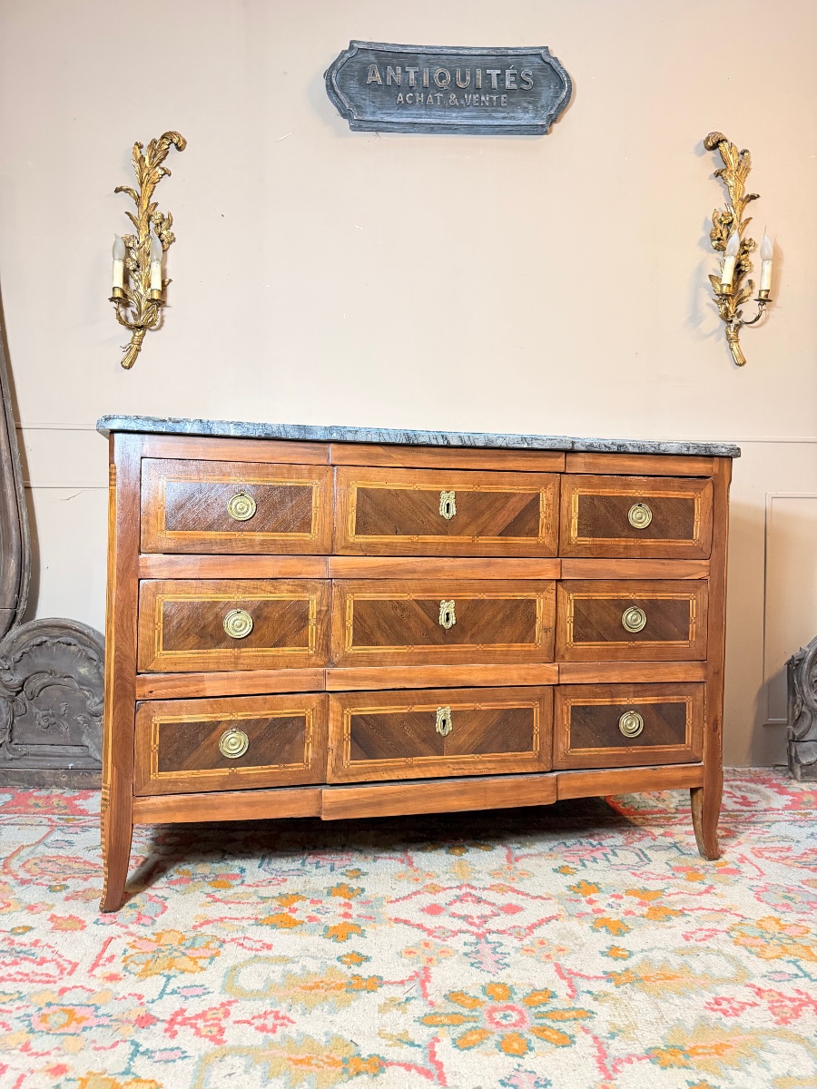 Commode d’époque transition en marqueterie à ressaut XVIII eme siècle -photo-4