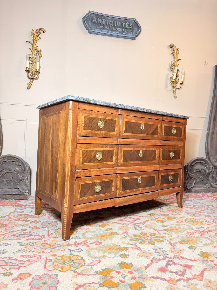 Commode d’époque transition en marqueterie à ressaut XVIII eme siècle -photo-2