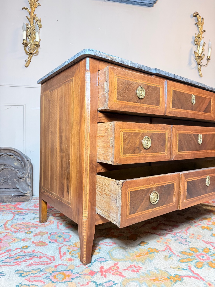 Commode d’époque transition en marqueterie à ressaut XVIII eme siècle -photo-3