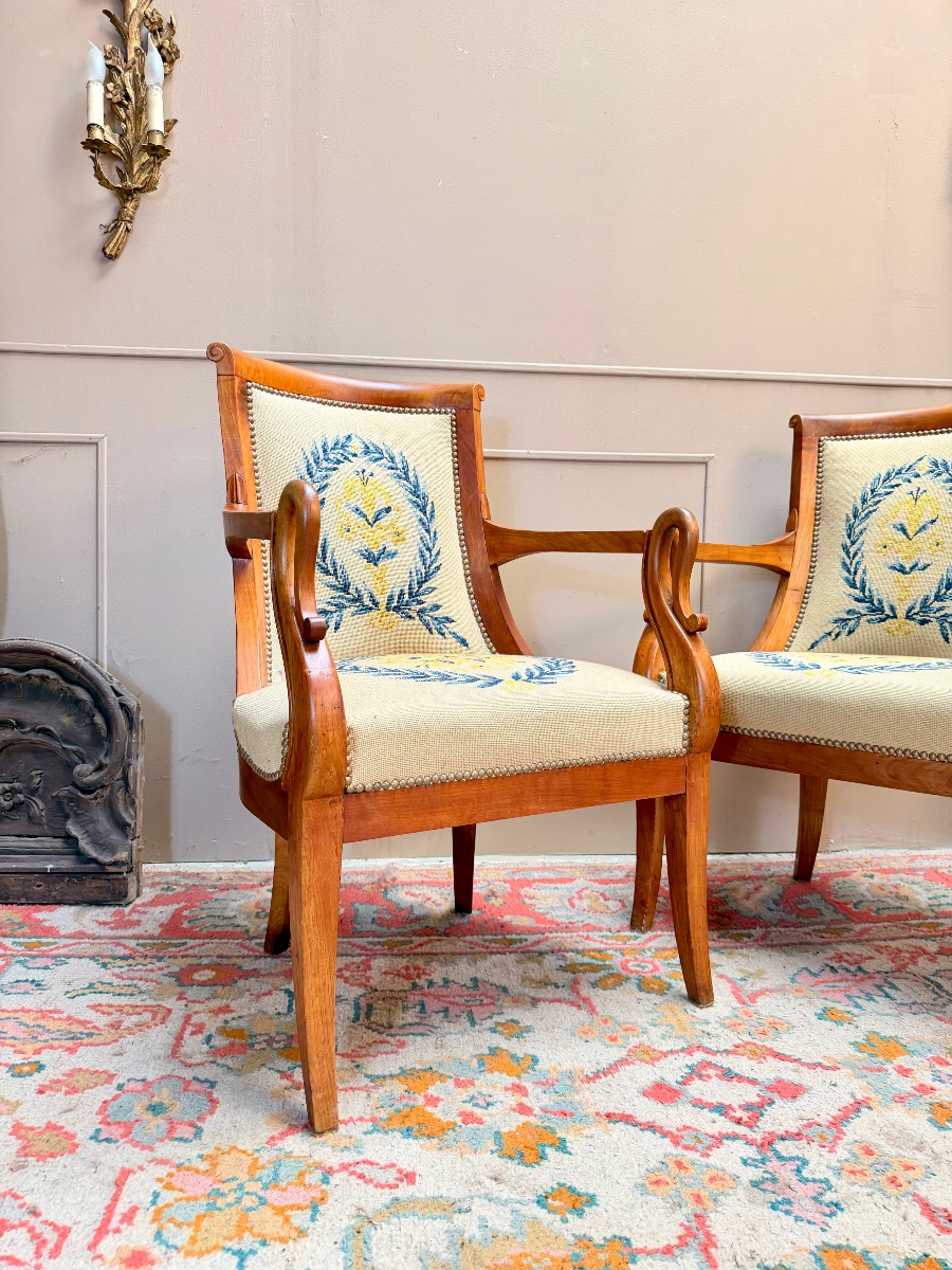 Paire de fauteuils gondole en merisier d’époque Charles X XIX eme siècle -photo-3