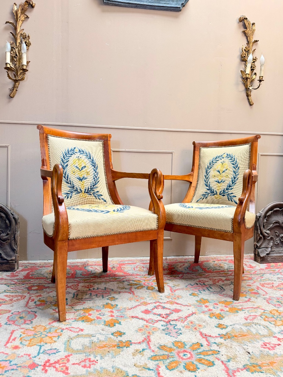 Paire de fauteuils gondole en merisier d’époque Charles X XIX eme siècle -photo-1