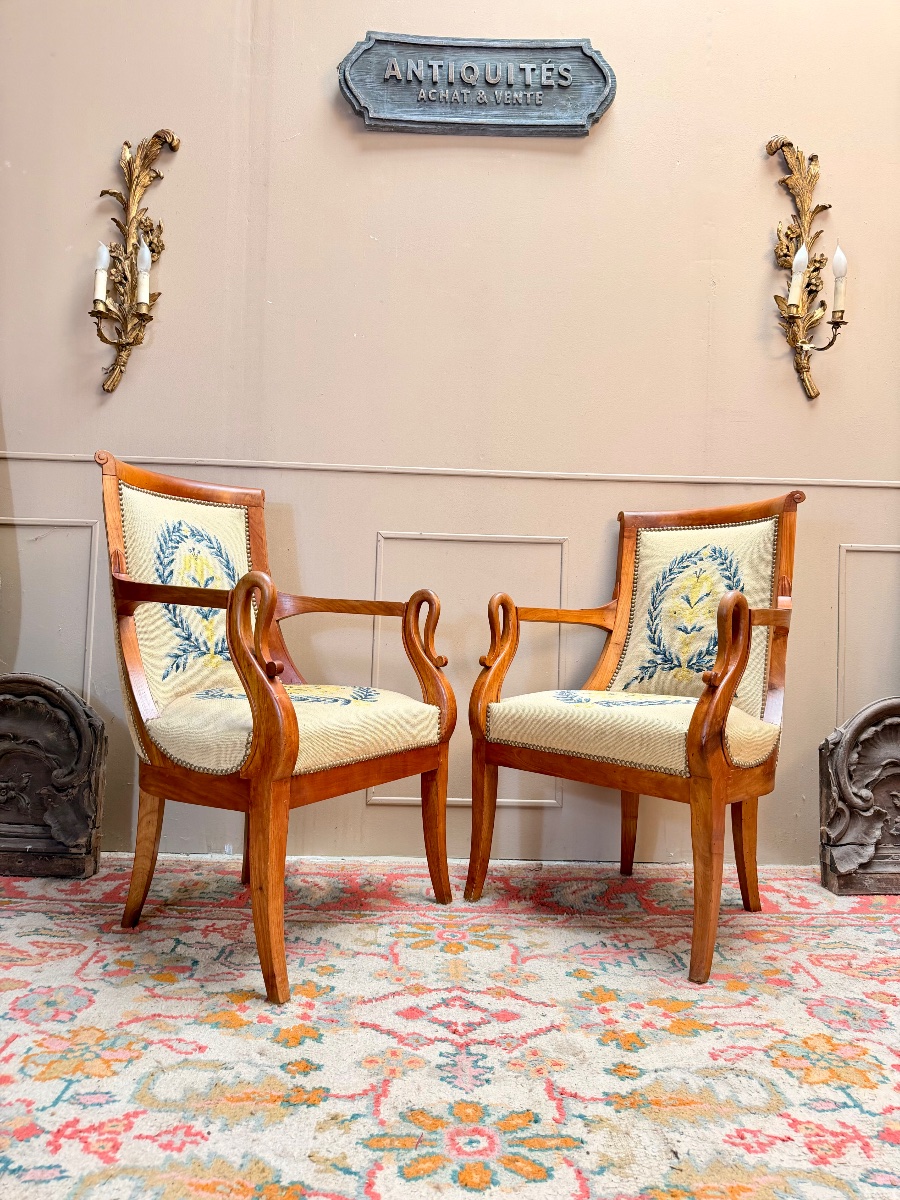 Paire de fauteuils gondole en merisier d’époque Charles X XIX eme siècle -photo-2