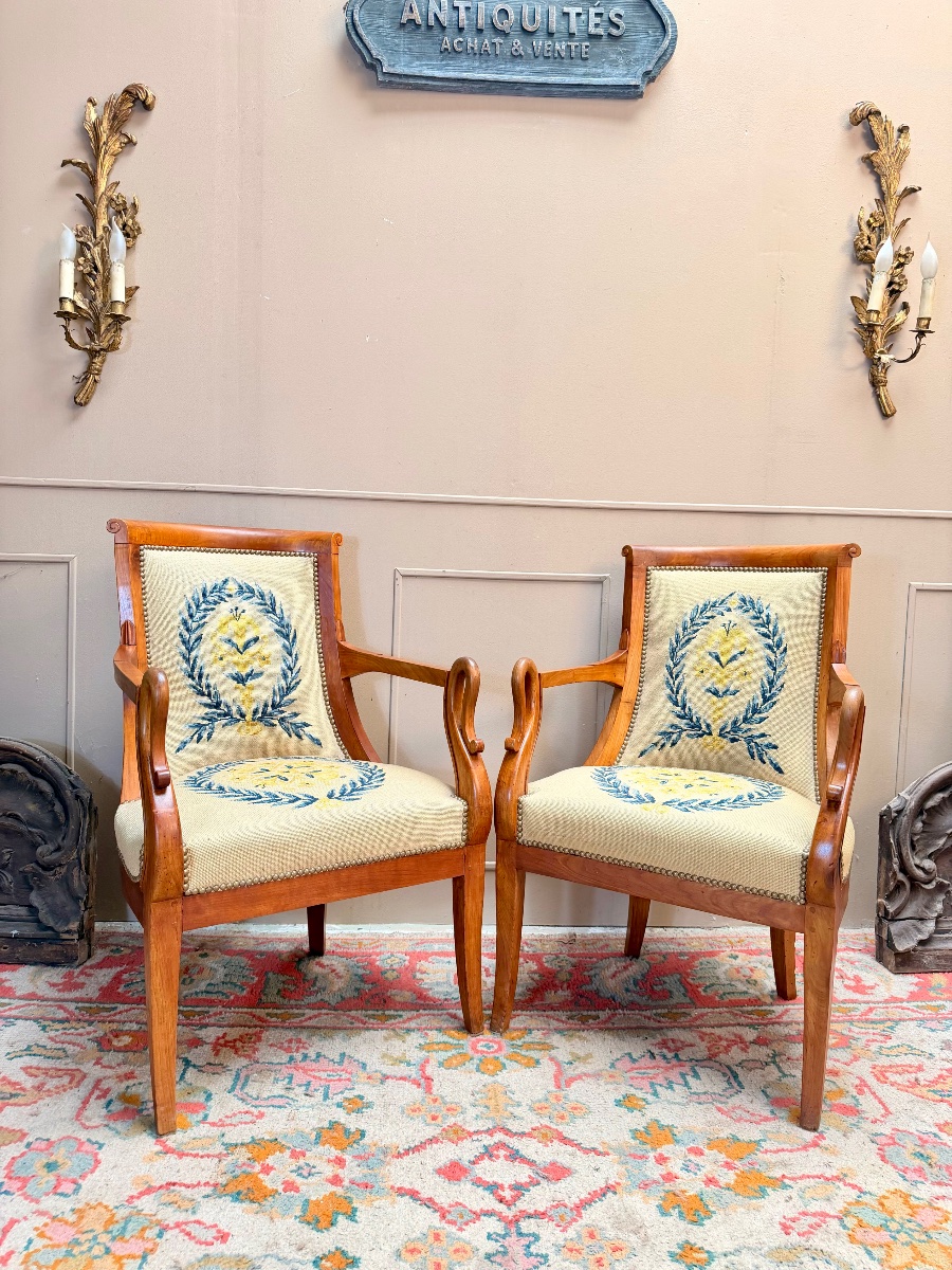 Paire de fauteuils gondole en merisier d’époque Charles X XIX eme siècle -photo-5