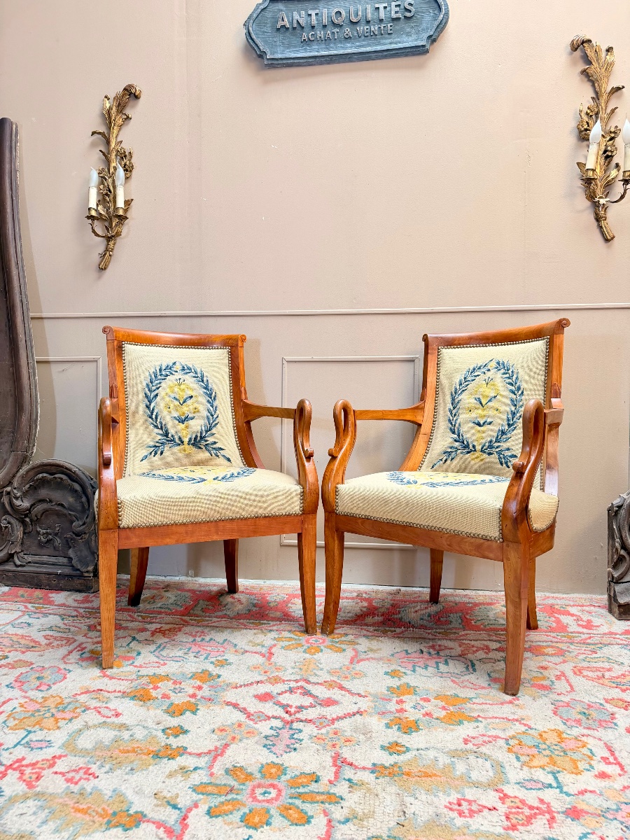Paire de fauteuils gondole en merisier d’époque Charles X XIX eme siècle -photo-7