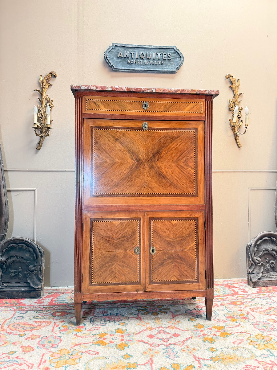 18th-century Louis XVI-style Secretary Desk In Marquetry And Walnut 
