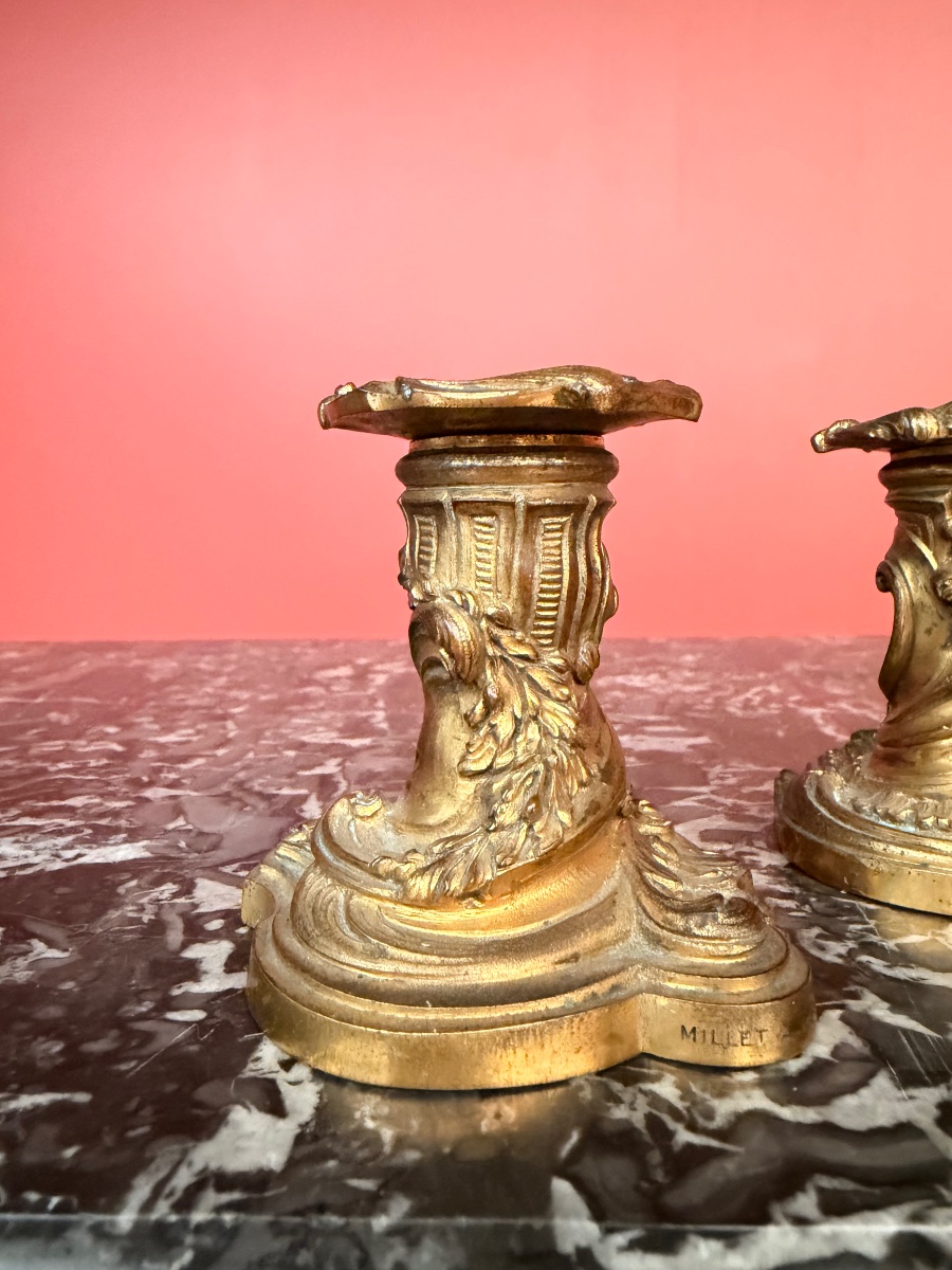 Millet, Paris: Pair Of 19th-century Gilded Bronze Table Candlesticks -photo-3
