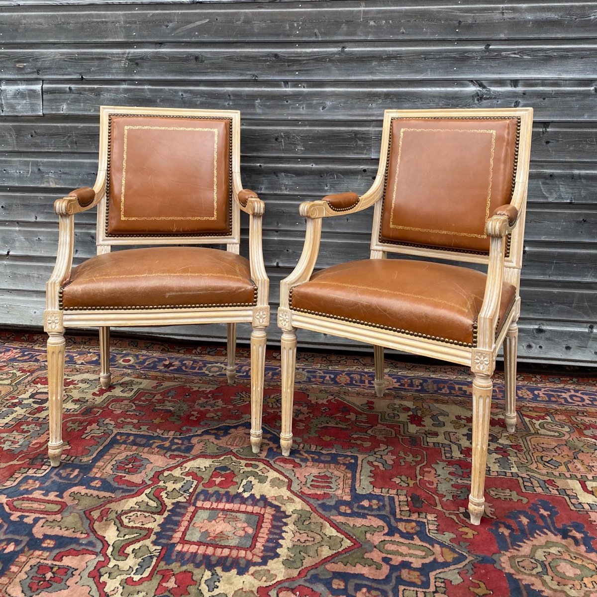 Pair Of Louis XVI Style Lacquered Wood Armchairs-photo-1