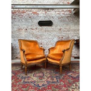 Pair Of Bergeres Gondola In Natural Wood Louis XVI Style XIX Eme Century