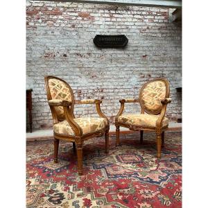 Pair Of Medallion Armchairs In Natural Wood Louis XVI Style