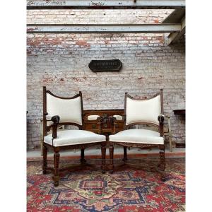 Pair Of Rams Armchairs In Natural Wood Louis XIV Style XIX Eme Century