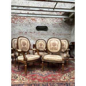 Suite Of Five Armchairs With Medallion Backrest Louis XVI Style