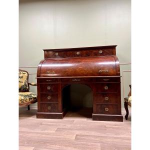 Cylinder Desk In Flamed Mahogany Empire Style 19th Century