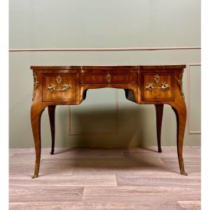 Curved Flat Desk In Louis XV Style Marquetry XIX Eme Century