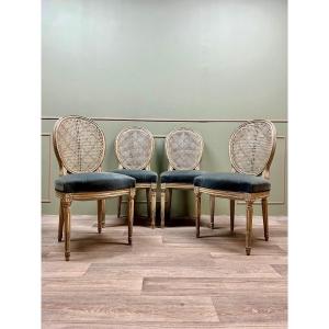 Elegant Suite Of Four Chairs In Patinated Painted Wood In Louis XVI Style Stamped Mailfert