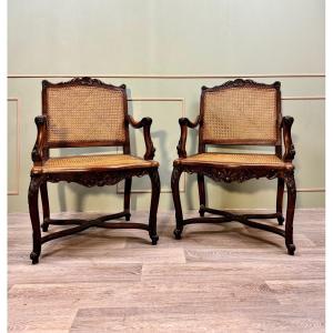 Pair Of Cane Armchairs With Flat Backs In Regency Style 19th Century 