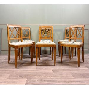 Suite Of Six Directoire Style Natural Wood Chairs 19th Century 