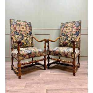 Pair Of Louis XIII Style Walnut Armchairs XIX Eme Century 
