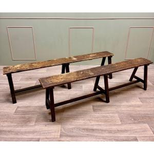 Pair Of Benches In Natural Wood From The 19th Century 