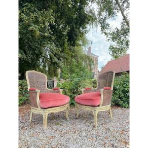 Paire De Bergères Cannées En Bois Laqué De Style Louis XV XIX Eme Siècle 