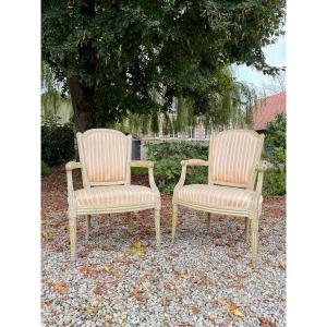 Jean Paul-françois Pair Of Louis XVI Period Lacquered Wood Armchairs, 18th Century 
