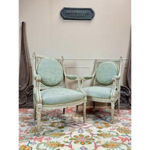 Georges Jacob After Pair Of Louis XVI Style Lacquered Wood Armchairs 19th Century 