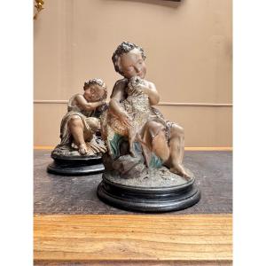 Deux sujets en plâtre polychrome. Jean-Baptiste et Jésus.  Epoque Napoléon III XIX eme siècle 