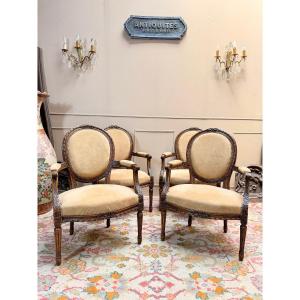 Suite Of Four Louis XVI Style Natural Wood Medallion-back Armchairs