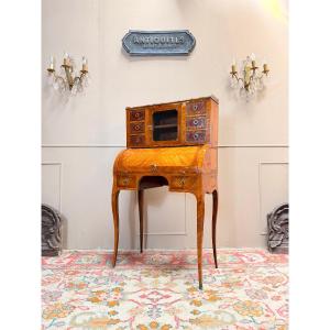 Bureau cylindre en marqueterie de style Louis XV XIX eme siècle 