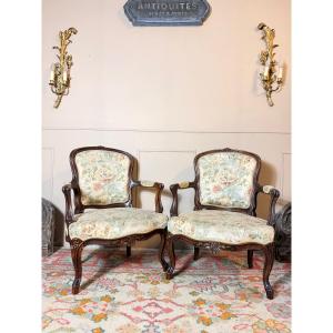 Pair Of 19th-century Louis XV-style Natural Wood Armchairs