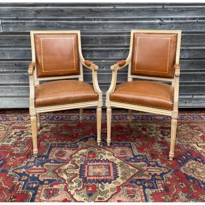 Pair Of Louis XVI Style Lacquered Wood Armchairs