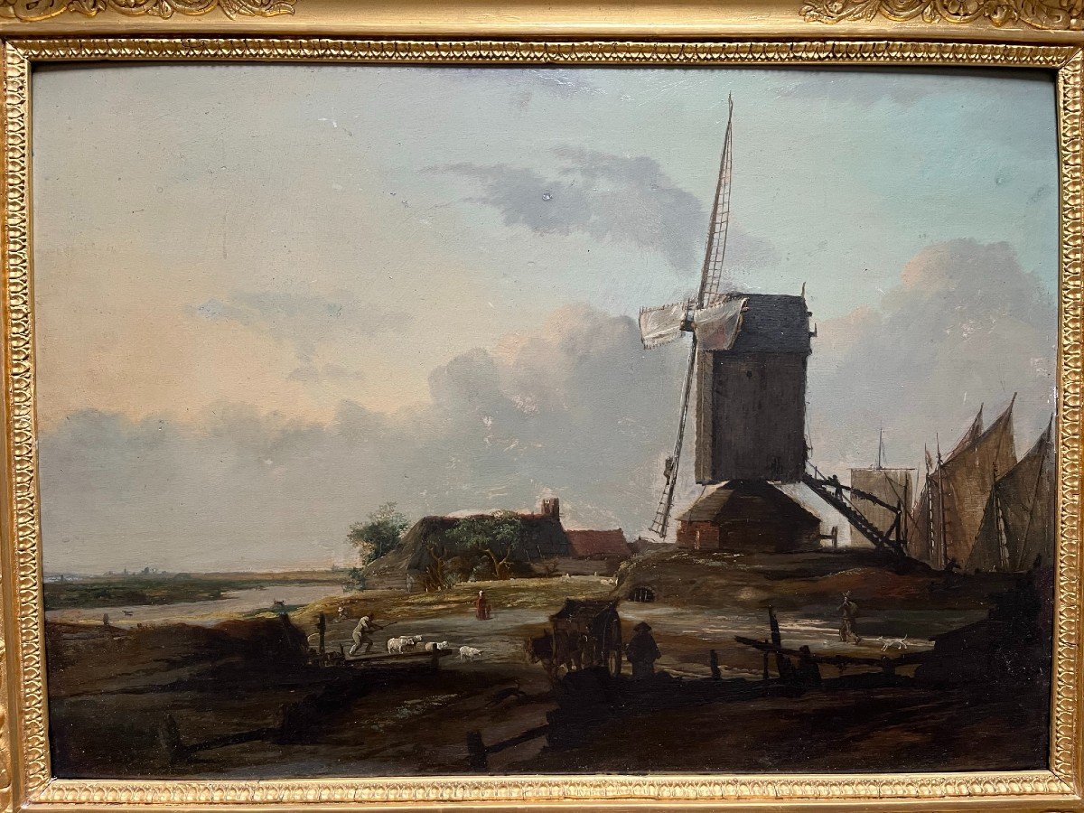 Ecole Hollandaise - Huile Sur Panneau XVIIIème - Moulin Hollandais - Pays-Bas-photo-2