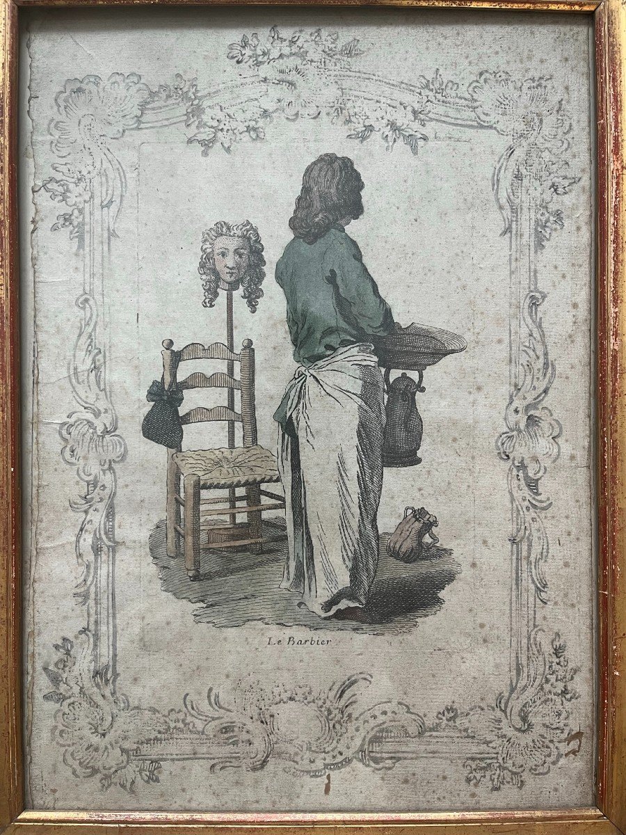 18th Century Watercolor Engraving - The Wig Maker / The Barber-photo-2