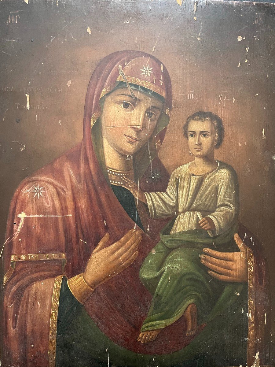 Icône Grecque Du XIXème En Bois Peint  - Vierge à l'Enfant -photo-2